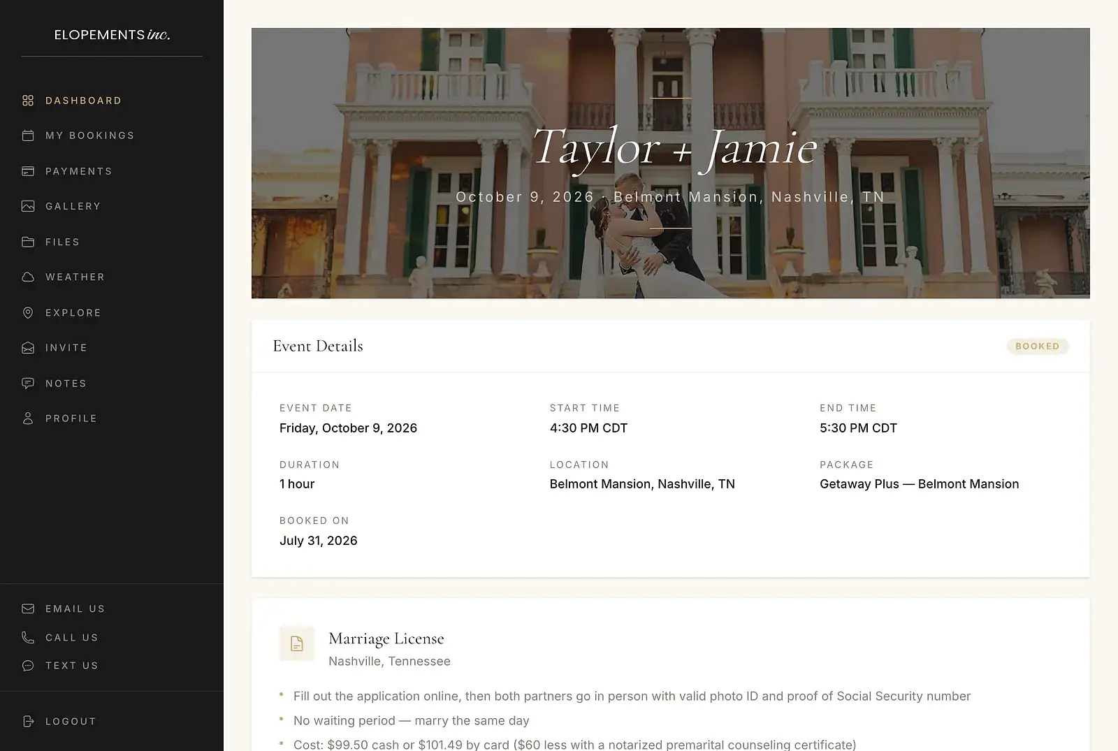 The planning portal's dashboard for a sample couple: their names over a Belmont Mansion cover photo, the date, times and package