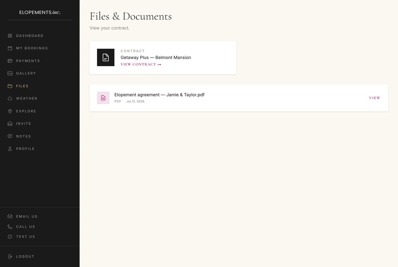 Files and documents in the planning portal: the contract and a shared PDF, each ready to open