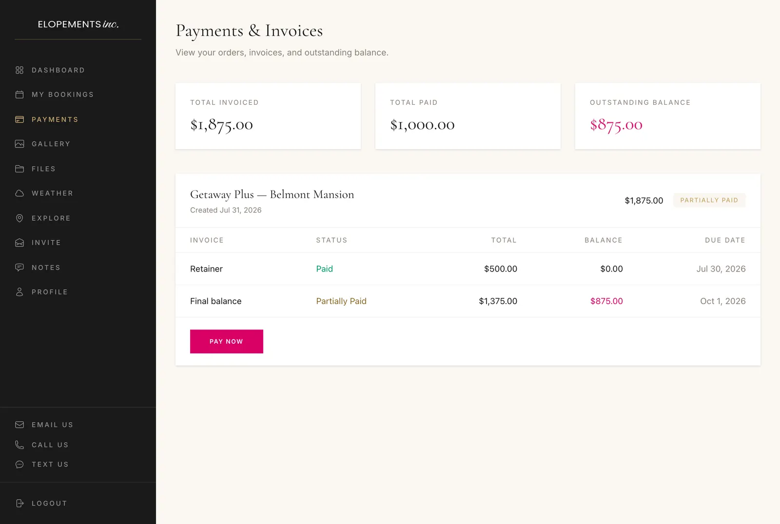 Payments and invoices in the planning portal: total invoiced, paid and outstanding, a paid retainer, a partially paid final balance and the Pay Now button