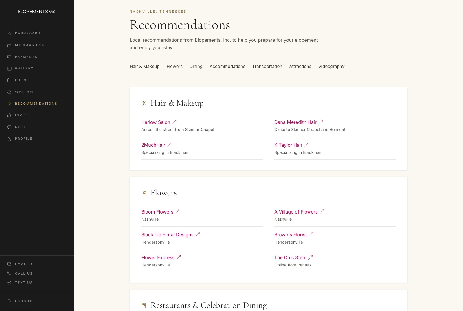 Recommendations in the planning portal: the team's Nashville picks for hair and makeup, flowers and celebration dinners, each linked to the business's own site