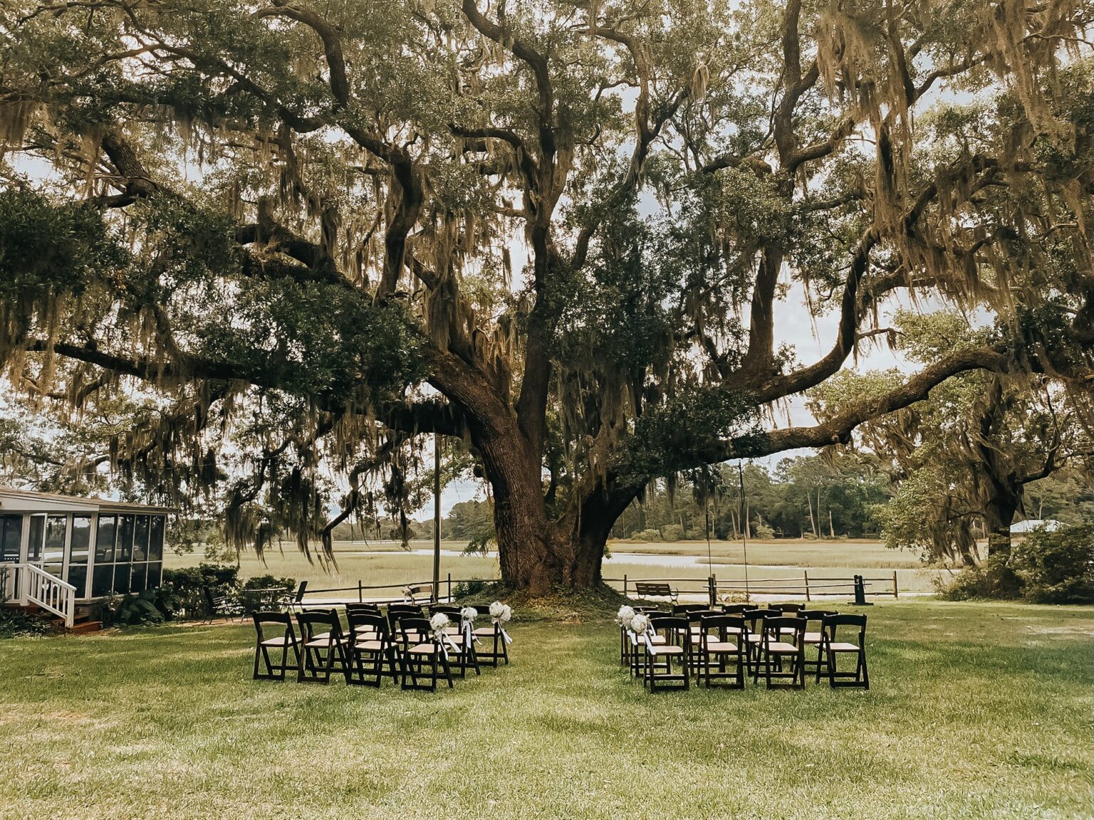 Elopement Wedding A picturesque outdoor wedding setup with rows of black chairs adorned with white flowers arranged in front of a sprawling, ancient oak tree draped in Spanish moss. A white house with a porch stands on the left, and the scene overlooks a lush, green field under a partly cloudy sky. Elopements Inc