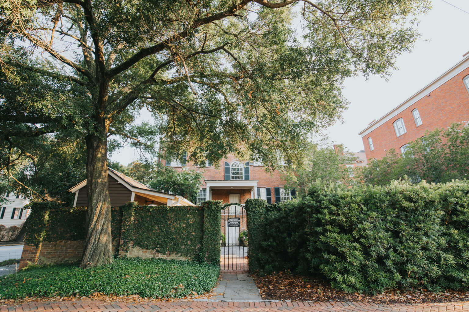 Elopement Wedding A brick building is partially hidden by tall trees and dense green foliage. A large tree stands prominently on the left, casting shade over a brick and ivy-covered wall—a perfect backdrop for intimate elopements. A metal gate is nestled within the wall, with a pathway leading through it, inviting entry to the property. Elopements Inc