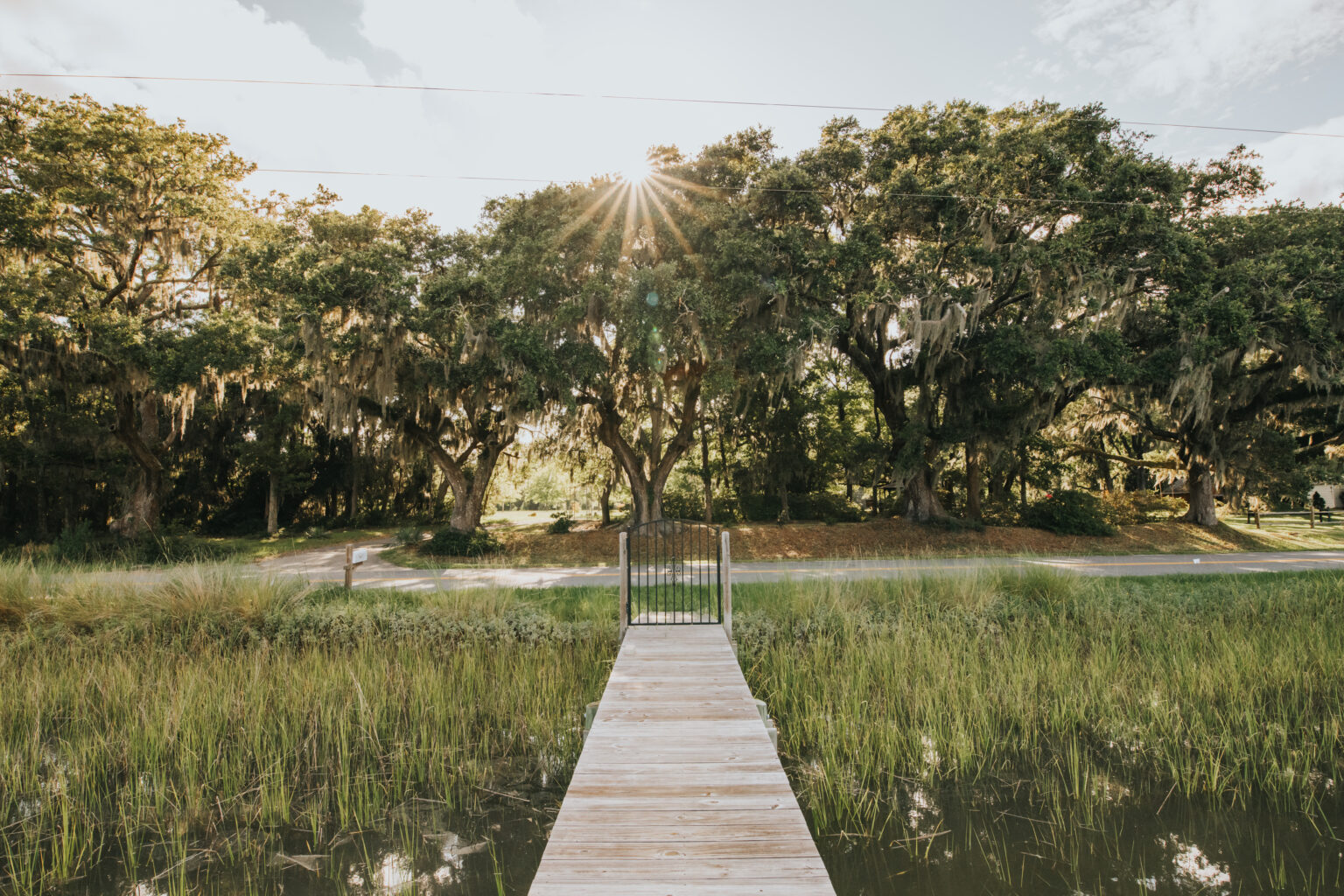 Elopement Wedding A rustic wooden dock extends over tranquil, marshy waters toward a tree-lined shore. Tall grasses surround the dock, creating a natural frame. Perfect for intimate elopements, the sun peeks through the dense canopy of large, moss-draped trees, casting a warm glow on the serene landscape. Elopements Inc