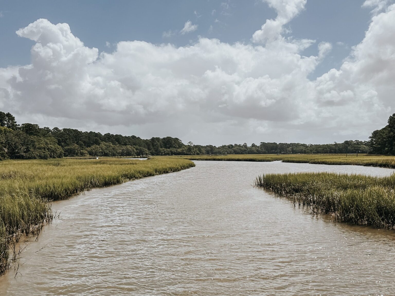 Elopement Wedding A scenic view of a river winding through a marshland under a partly cloudy sky. Perfect for an intimate elopement, the riverbanks are lined with tall green grass, and dense trees can be seen in the background. The water appears calm, reflecting the sky and surrounding greenery. Elopements Inc