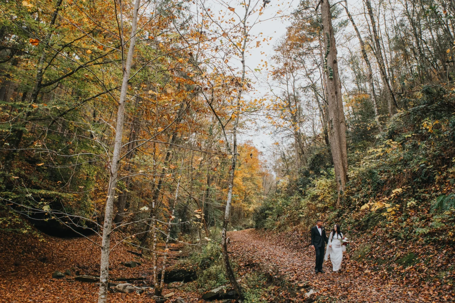 Elopement Wedding A couple dressed in wedding attire walks hand-in-hand along a leaf-strewn path in an autumn forest. Tall trees with colorful fall foliage surround them, creating a picturesque and romantic scene. The sky is overcast, adding a serene mood to the moment. Elopements Inc