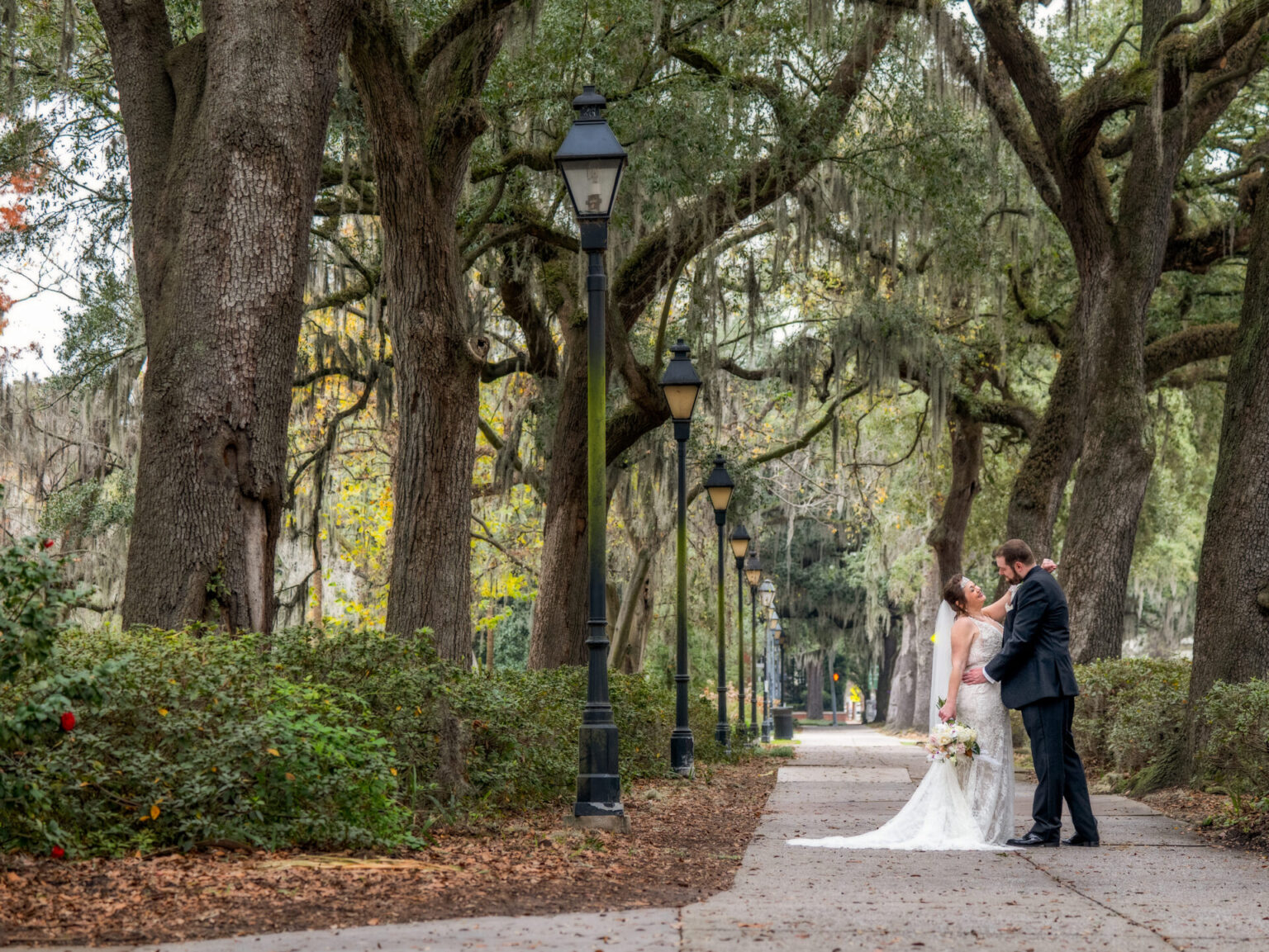 Elopement Wedding A couple in wedding attire stands under a canopy of large, moss-draped trees lining a walkway with black lampposts. The groom, in a dark suit, embraces the bride, who holds a bouquet and wears a long white dress. The scene is serene, with lush greenery and a peaceful atmosphere. Elopements Inc