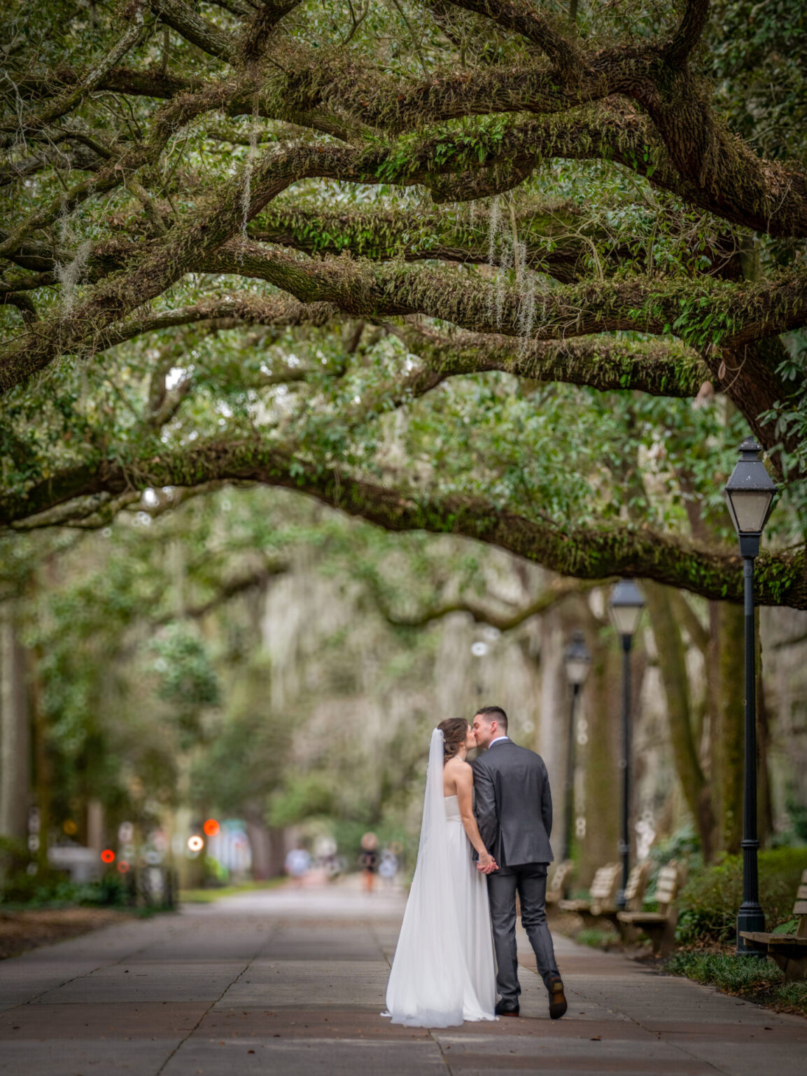 Elopement Wedding A couple in wedding attire kisses under a canopy of lush, arching trees on a paved path. The bride wears a long white gown and veil, while the groom is in a dark suit. Street lamps line the way, and soft, dappled light filters through the foliage, creating a romantic atmosphere. Elopements Inc